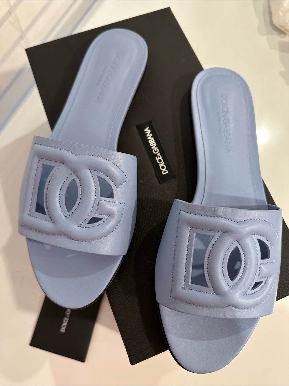 Dolce & Gabbana Pastel Blue Logo Slide Mules size 8